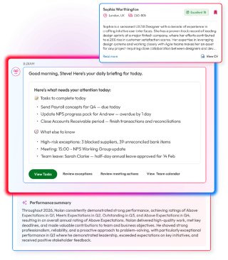 People First AI daily briefing combining tasks, business exceptions, meetings and team leave, with candidate matching and an AI-generated performance summary.
