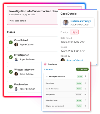 Case management tools displaying case types, case stages and case details