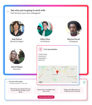 Screens demonstrating onboarding features and capabilities in People First platform