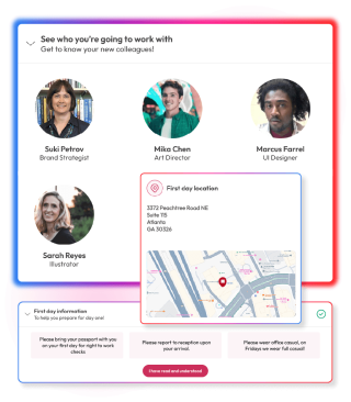 Screens demonstrating onboarding features and capabilities in People First platform