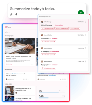 People First AI summarizing today's tasks including skills that require review and a news dashboard