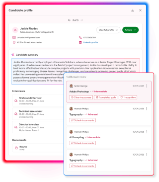 Candidate profile combining an AI-generated candidate summary, interview details and employee skills requiring review