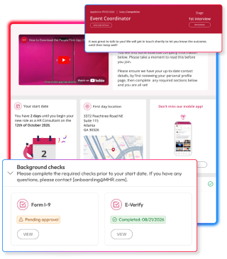 Screens demonstrating  recruitment and onboarding capabilities within People First