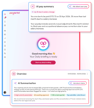 Screens to demonstrate AI capabilities within People First platform