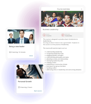 Learning course catalogue showing leadership and personal growth courses with a detailed course overview