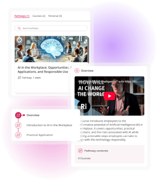 AI in the Workplace learning pathway showing course search, pathway stages, video content and course overview