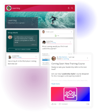 Learning community showing training announcements, employee discussions, polls and links to learning courses