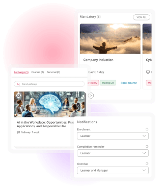 Training management screens showing mandatory learning, an AI workplace pathway and configurable learner notifications