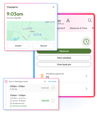 Screens demonstrating workforce management capabilities in People First platform