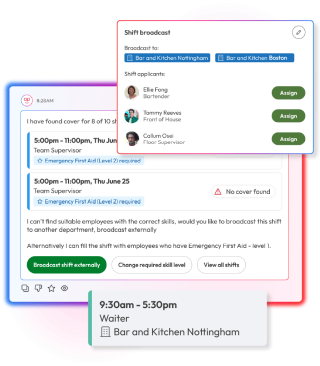 Screens demonstrating workforce management capabilities in People First platform