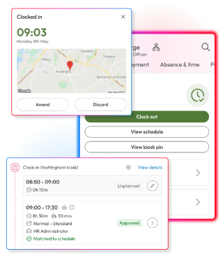 Employee time and attendance tools showing clock-in location, scheduled hours and whether recorded time matches the employee’s schedule