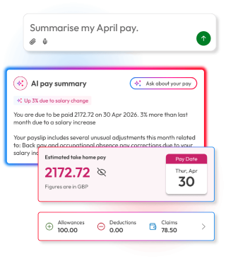 AI-generated pay summary explaining an employee’s monthly pay, salary changes, estimated take-home pay, allowances, deductions and claims