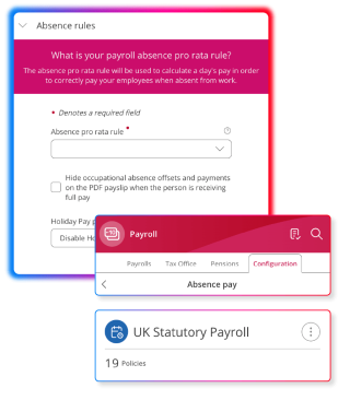 People First payroll configuration showing absence pay rules, pro rata calculations and statutory payroll policies
