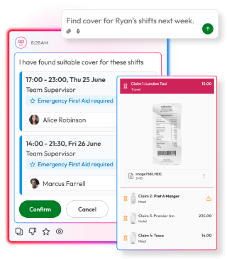 People First AI finding suitable shift cover based on employee skills, alongside expense claims and receipt management