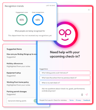 People First AI helping employees prepare for performance check-ins with suggested talking points, previous actions and recognition insights