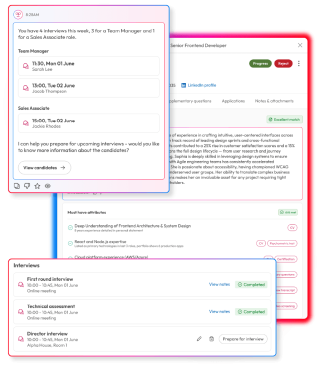 People First AI summarising upcoming recruitment interviews alongside candidate suitability assessments and interview progress