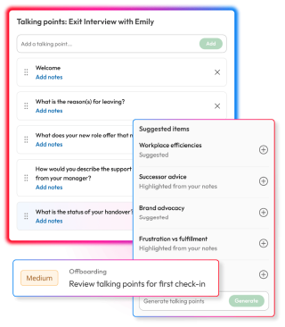 Employee offboarding tools showing exit interview talking points, AI-generated suggestions and follow-up actions