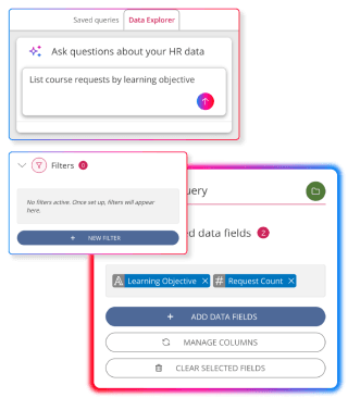 Screens demonstrating reporting and analytics features in People First