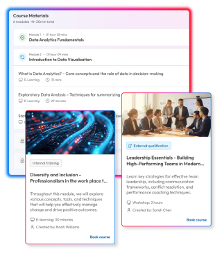 Screens demonstrating Learning module within People First platform