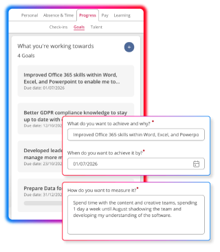 Screens demonstrating Performance Management  capabilities in People First