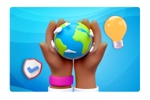 Hands holding the world and a lightbulb representing MHR's core values.