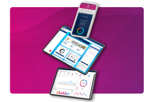 A mobile with People First payroll functionality displaying, a tablet with iTrent dashboard displaying, and a tablet with MHR's analytics software displaying.