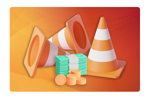 Traffic cones on an orange background with a stack of cash and coins