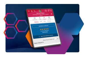 A tablet with People First's progress and check-ins functionality displaying.