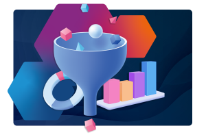 A funnel with shapes filtering through, with a graph and circular graphic beside it.