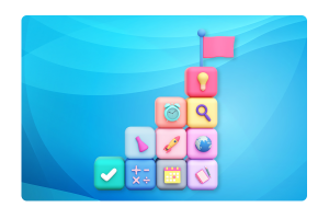 Building blocks with learning icons in them, with a flag on top.
