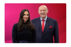 Jessica and John mills on a pink background