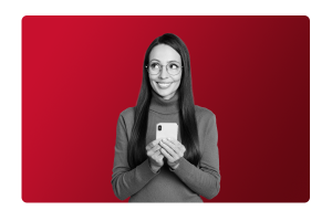 A lady smiling holding a mobile using People Firsts cloud-based HRIS.
