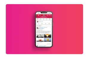 Mobile phone showing People First community page, where employees, managers and your organisation can post news and company updates.