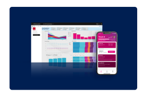 People First mobile and desktop screens showing IBM Planning finance software integrated to People First HR software.