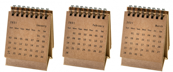 three desk calendars showing the months of jan, feb and march 2021