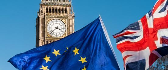 Brexit image EU flag and UK flag and Big Ben