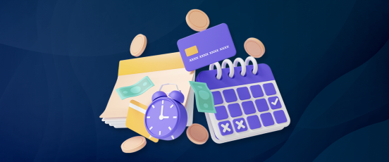 Forward planning blog header, showing a debit card, calendar, a clock and money indicating financial planning.