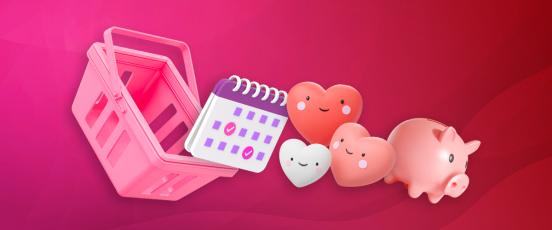 Financial wellbeing week 2024, blog header showing a shopping basket with a calendar, heart and a piggy bank inferring money.
