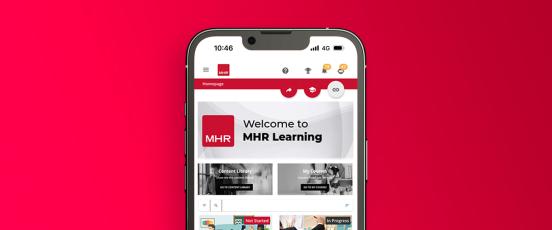A mobile with mhr learning displaying MHR learning welcome dashboard.