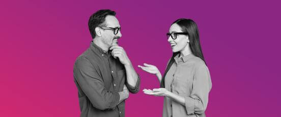 two people having a conversation about connecting disconnected workforce through MHR's People First's employee engagement platform.