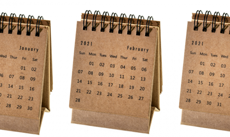three desk calendars showing the months of jan, feb and march 2021