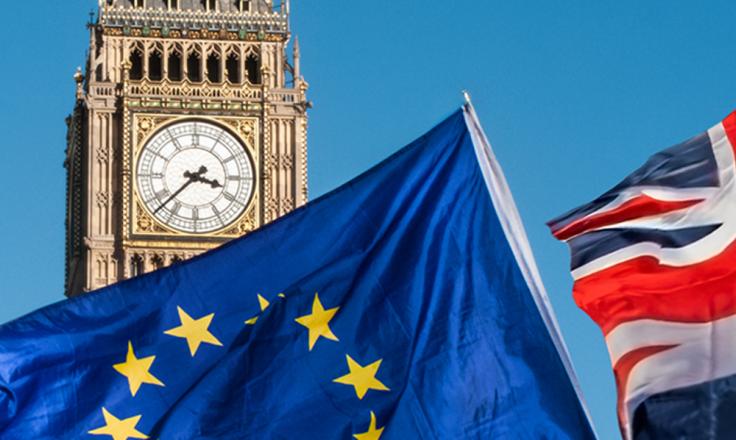 Brexit image EU flag and UK flag and Big Ben