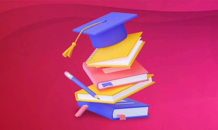 a stack of books and stationary leading towards a traditional graduation cap