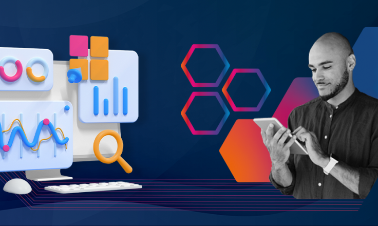 Financial planning blog header, showing financial analytics and a man holding a tablet .