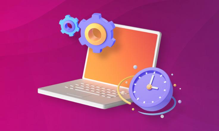 Workforce management pillar page header, showing a laptop with clogs and a clock.