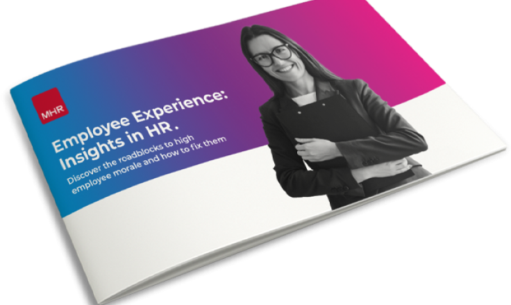 Employee experience report mockup, with a lady holding a clipboard smiling.