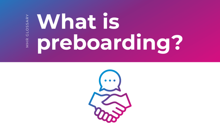 what is preboarding header, with two hands shaking with a speech bubble as an icon. 