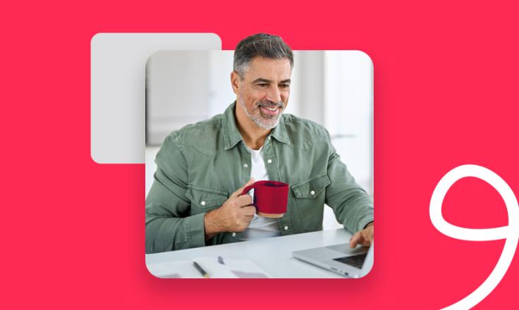 A man sitting on a laptop. with a red background and MHR swish.