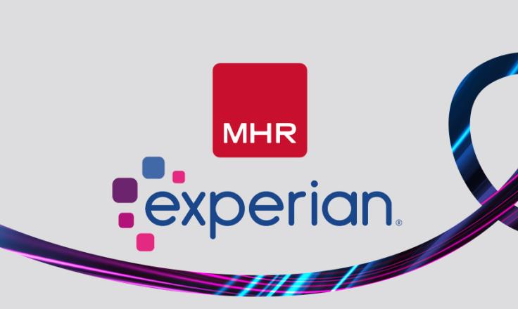 The MHR and Experian logos on a grey background, with a purple and blue swirl running through the image.