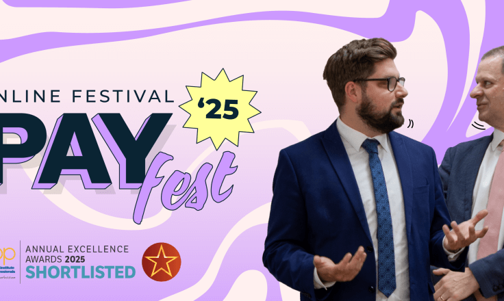 Two people on a PayFest background